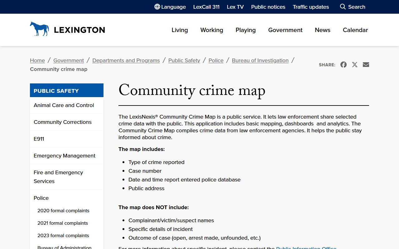 Lexington community crime map for police blotter incidents