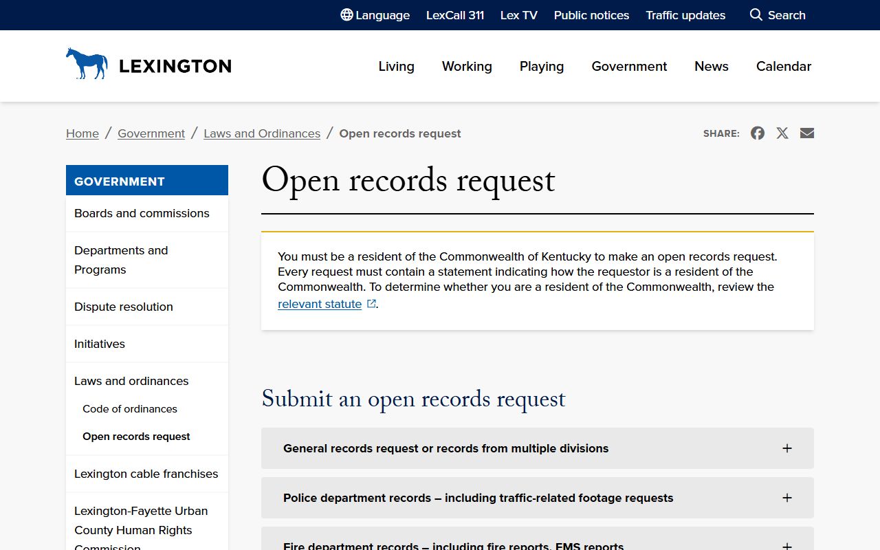 Lexington open records request page for police blotter