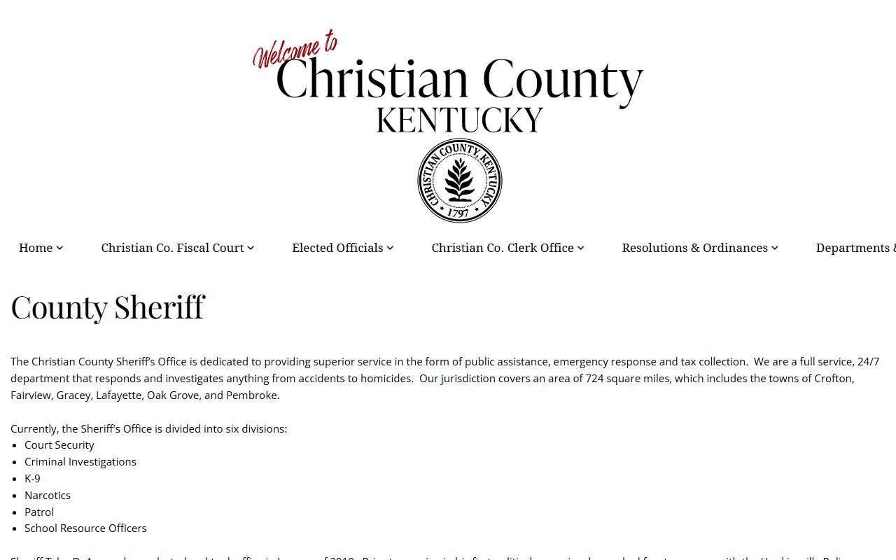 Christian County Sheriff Office website for police blotter records