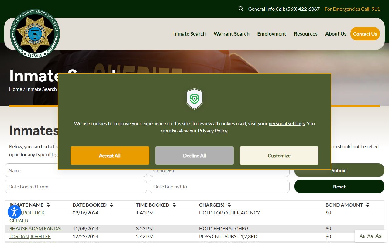 Fayette County Sheriff inmate search for police blotter records