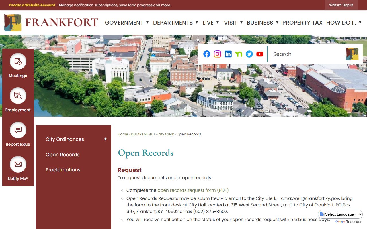 Frankfort open records page