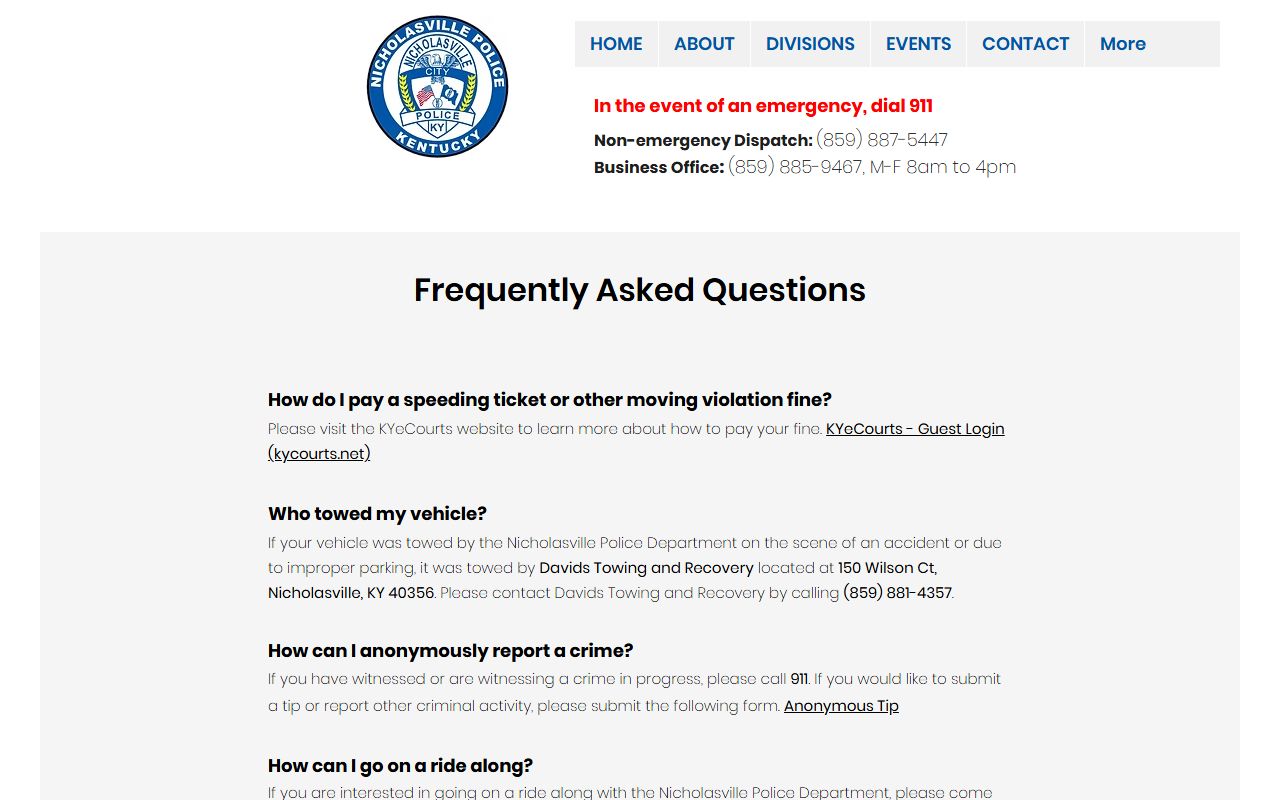 Nicholasville Police FAQ page