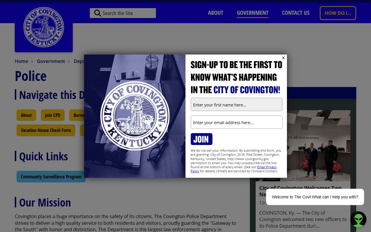 Covington Police Department website for Kenton County police blotter