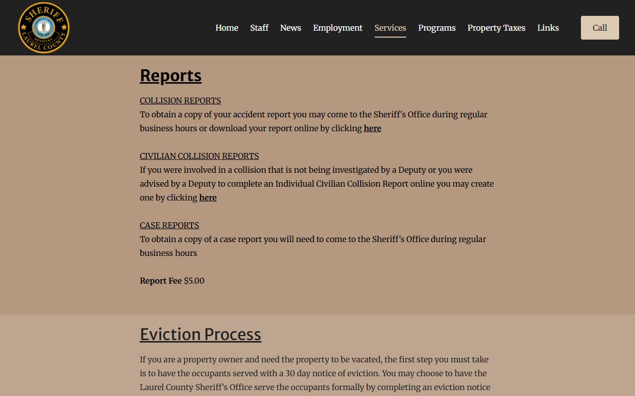 Laurel County Sheriff services page