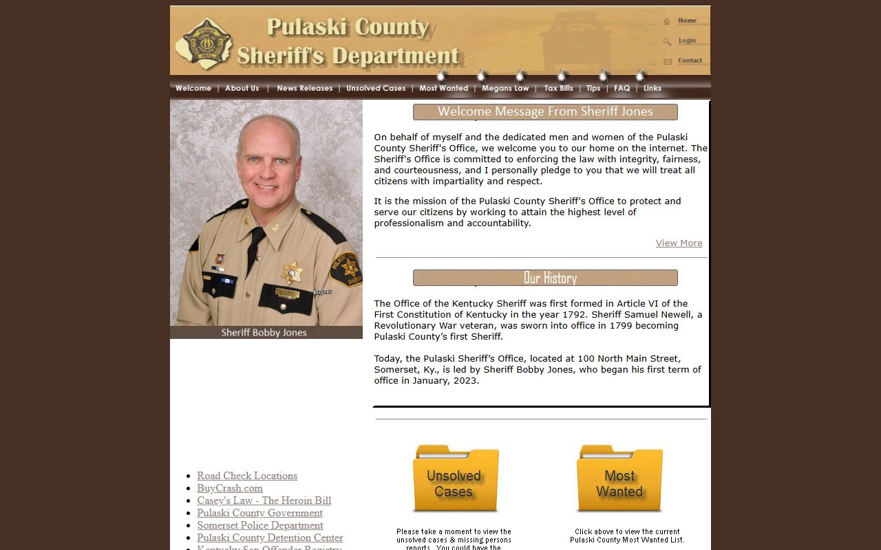 Pulaski County Sheriff Office website for police blotter records