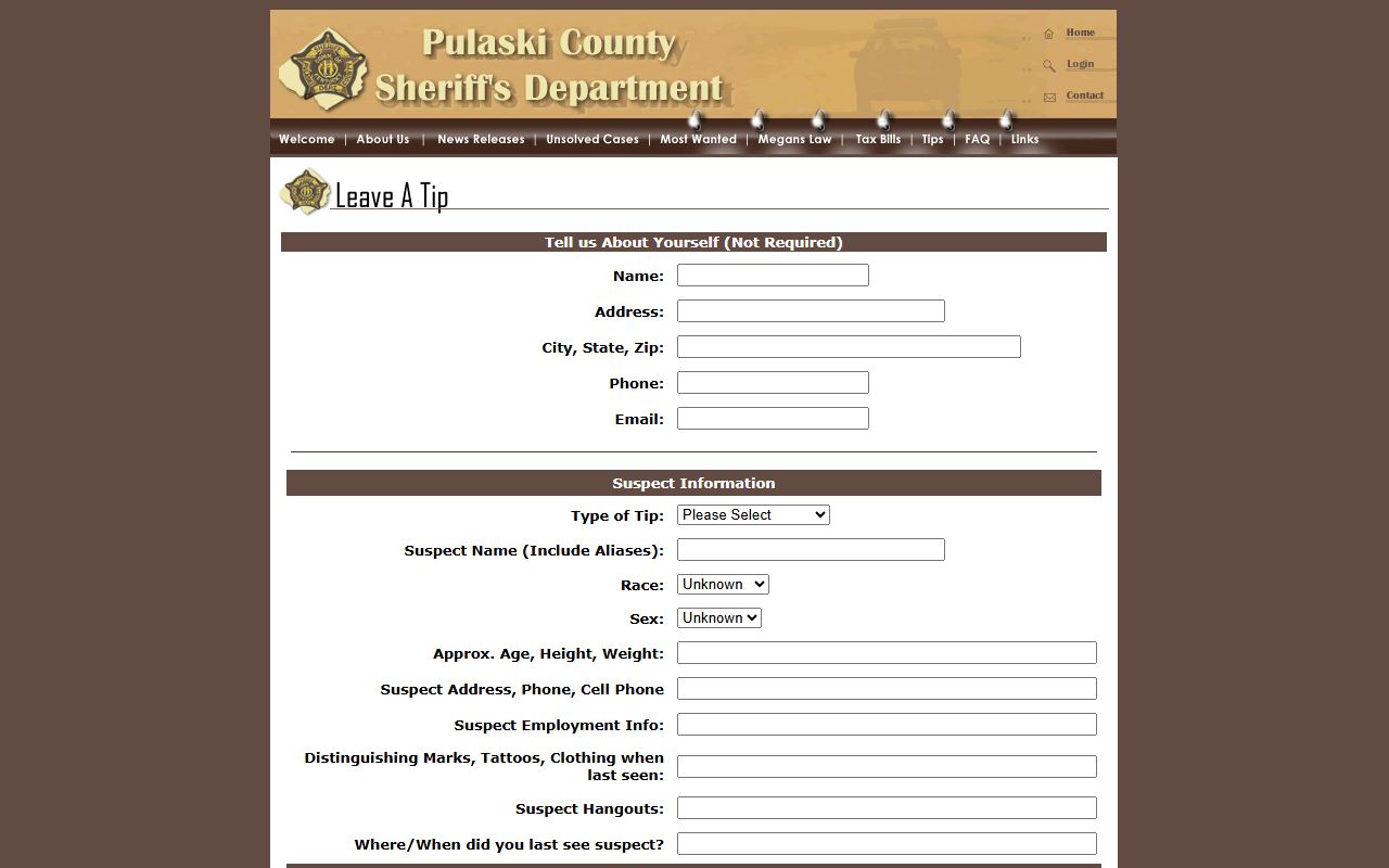 Pulaski County Sheriff web tip page for anonymous reporting